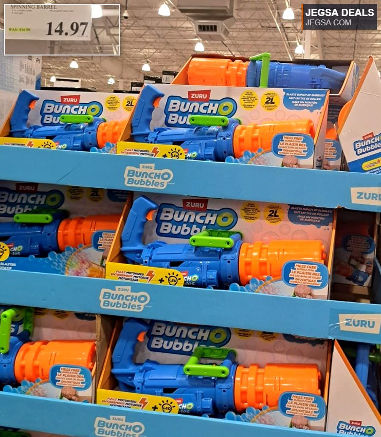 Blue and orange ZURU Bunch O Bubbles Gatling Bubble Machine with spinning barrel from Costco, priced at $14.97.