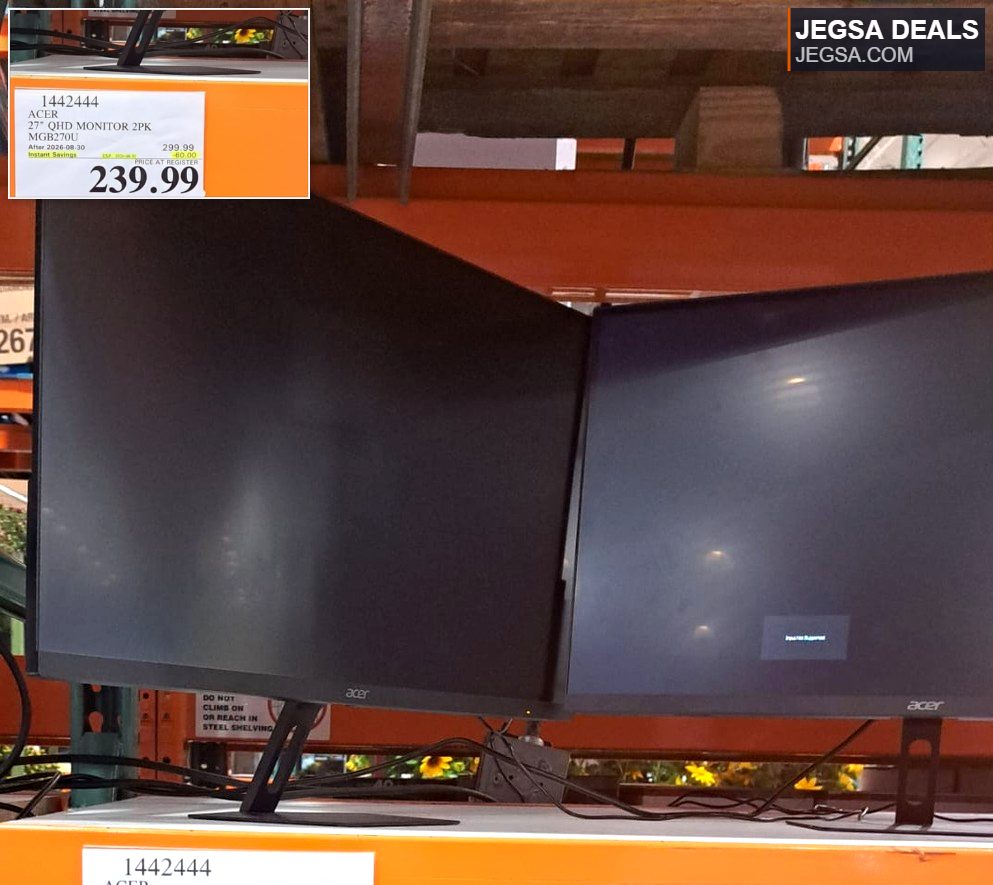 Two black Acer 27-inch QHD monitors on display at Costco, priced at $239.99 for the pair.