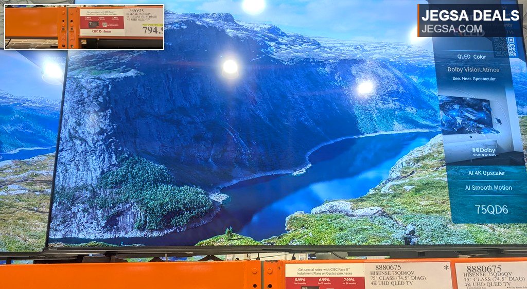 Hisense 75-inch 4K UHD QLED TV with Dolby Vision Atmos, available at Costco for $794.99.