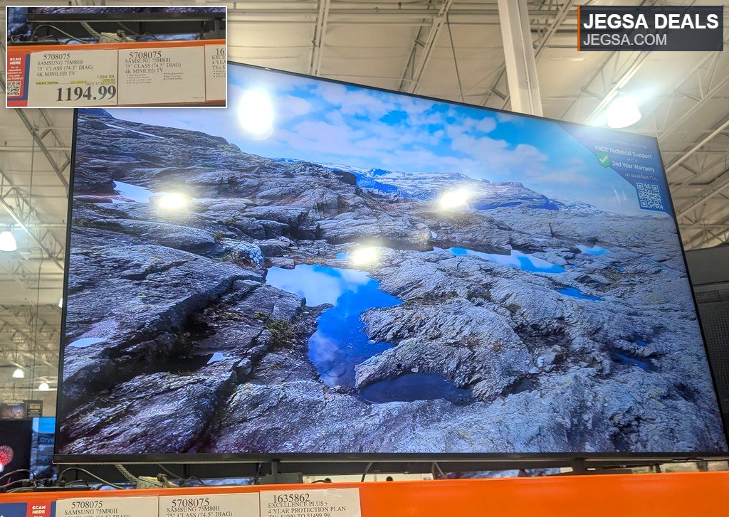 Samsung 75-inch 4K MiniLED TV on display at Costco, showing a discount of $200.