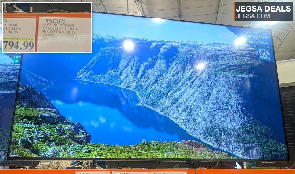 Samsung 75-inch 4K Crystal UHD TV on display at Costco, offering crisp visuals and smart features.