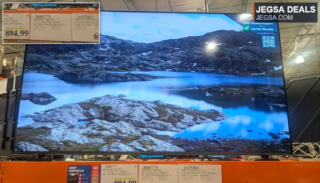 Hisense 75-inch 4K UHD MiniLED QLED TV from Costco, offering vibrant picture quality for immersive home entertainment.
