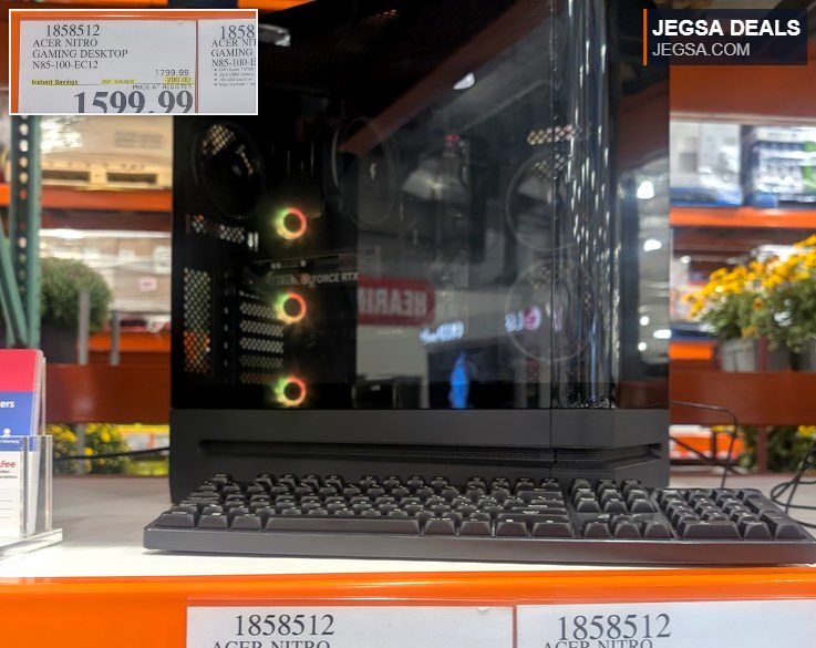 Acer Nitro N85-100-EC12 gaming desktop with RGB fans and a keyboard on display at Costco for $1599.99.
