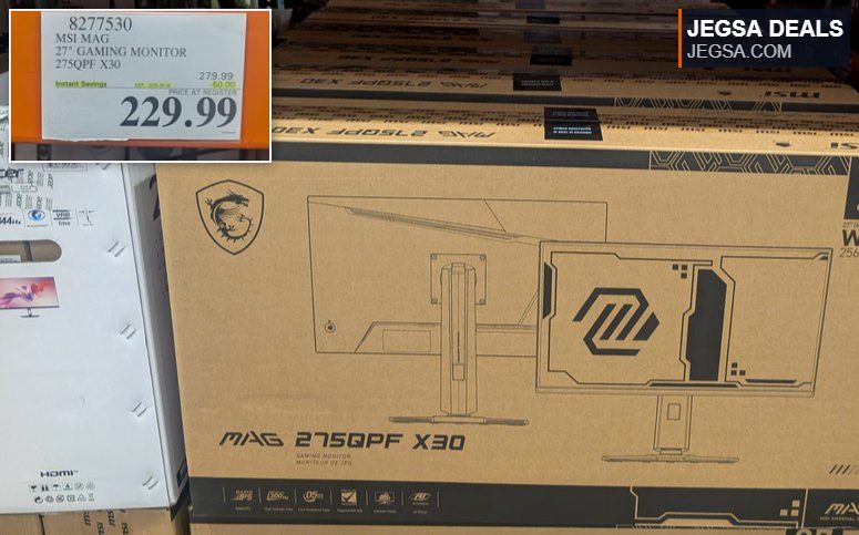 MSI MAG 27-inch WQHD gaming monitor in its cardboard box, priced at $229.99 at Costco.