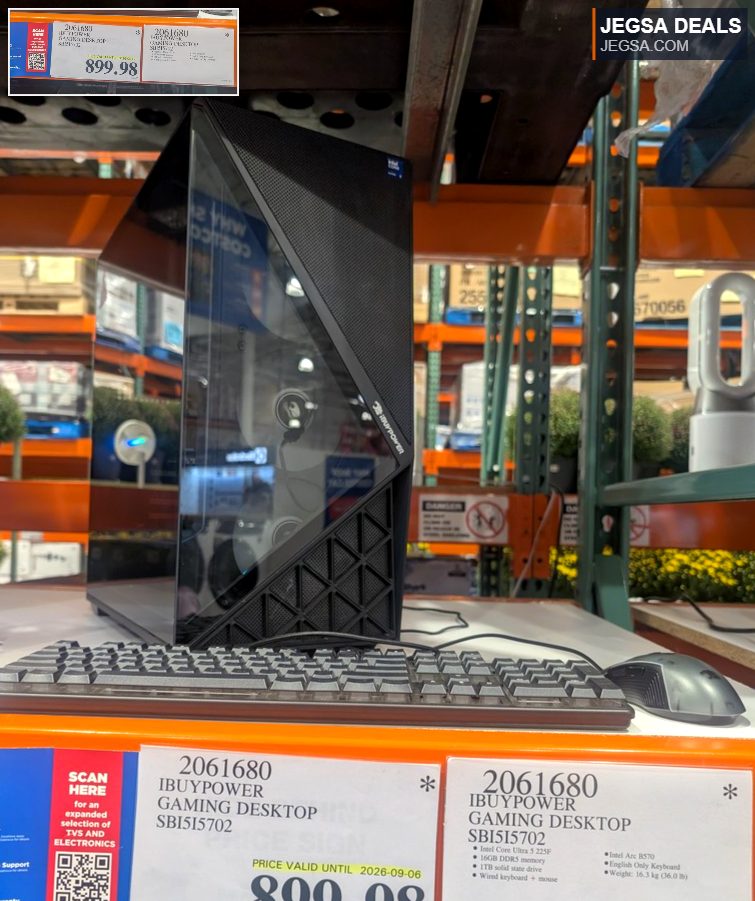 Black iBUYPOWER gaming desktop PC with Intel Core Ultra 5 225F, 16GB DDR5, 1TB SSD, keyboard, and mouse from Costco, $899.98.