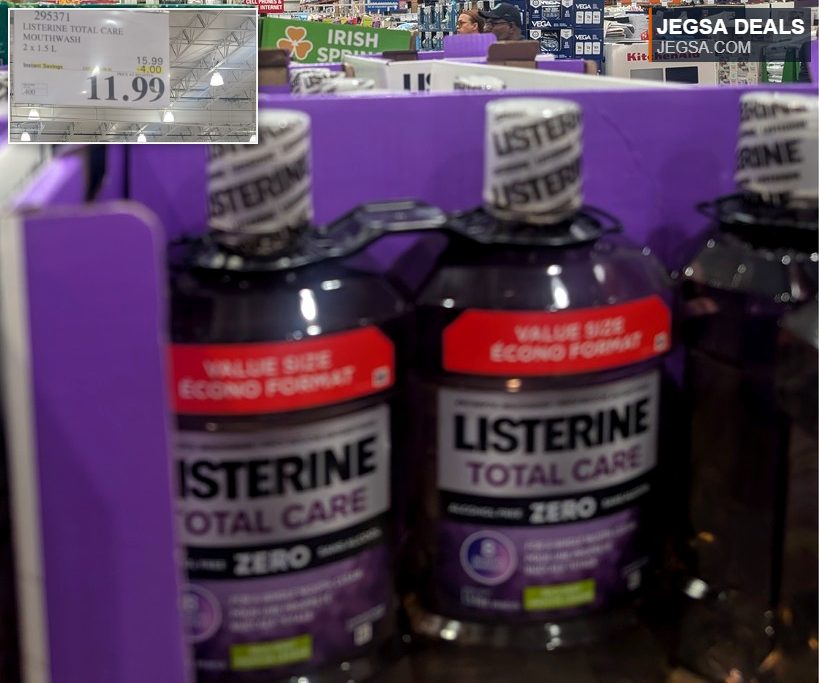 Listerine Total Care Zero Alcohol mouthwash, 2 x 1.5L bottles, in purple packaging from Costco, priced at $11.99.