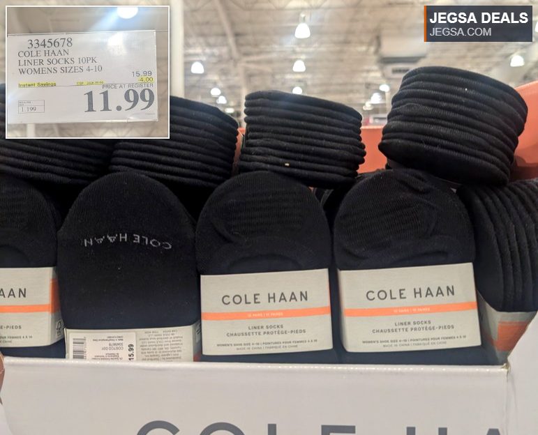 Black Cole Haan women's liner socks, 10-pack, sizes 4-10, on sale for $11.99 at Costco.