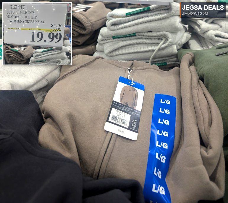Women's Tuff Athletics hooded full-zip sweatshirt in various colors from Costco, currently $19.99.