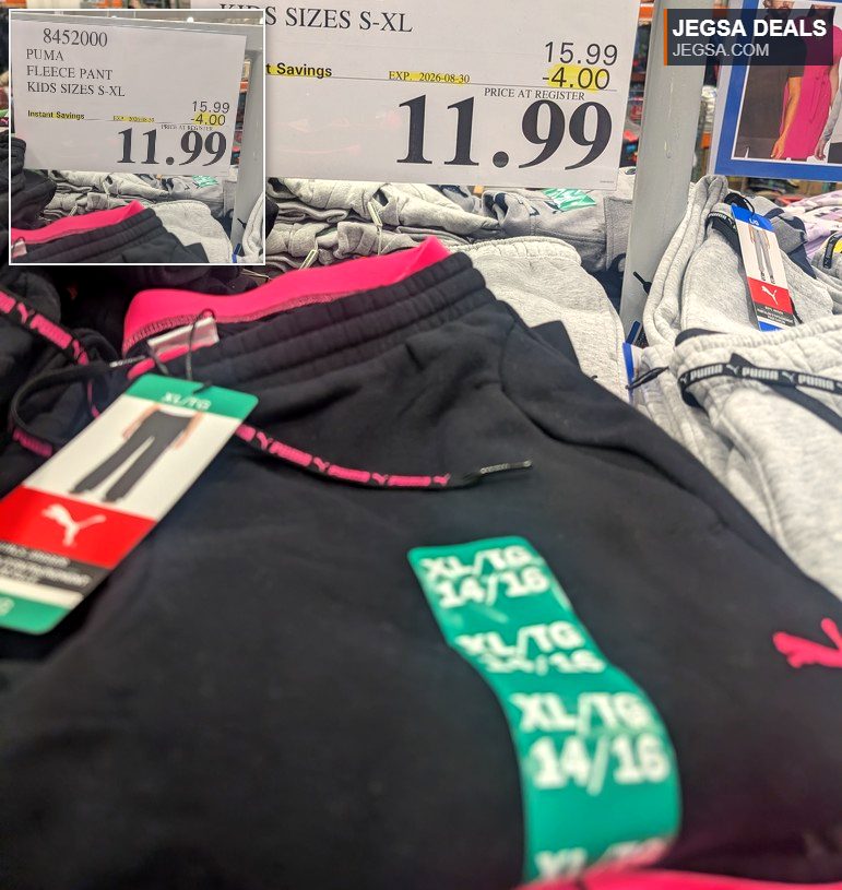Black Puma Kids Fleece Pants in sizes S-XL with a pink logo, offering comfort and style for active children at Costco.