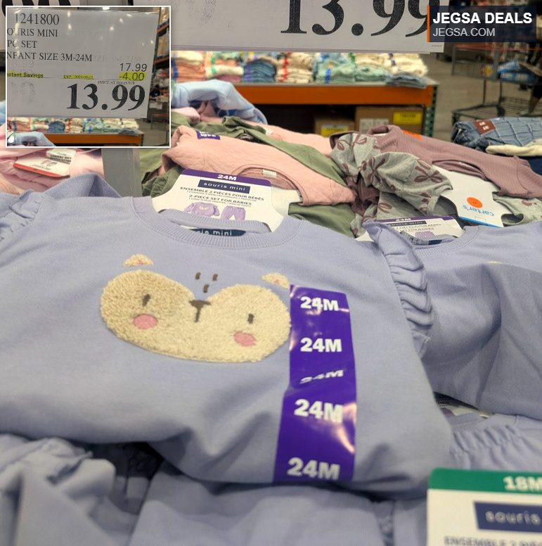 Light purple Souris Mini 2-piece infant set with a fuzzy bear design, available at Costco for $13.99.