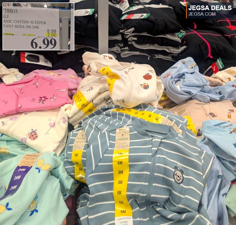 Pekkle organic cotton sleepers for infants 3-24 months in assorted colors and patterns, on sale for $6.99 at Costco.