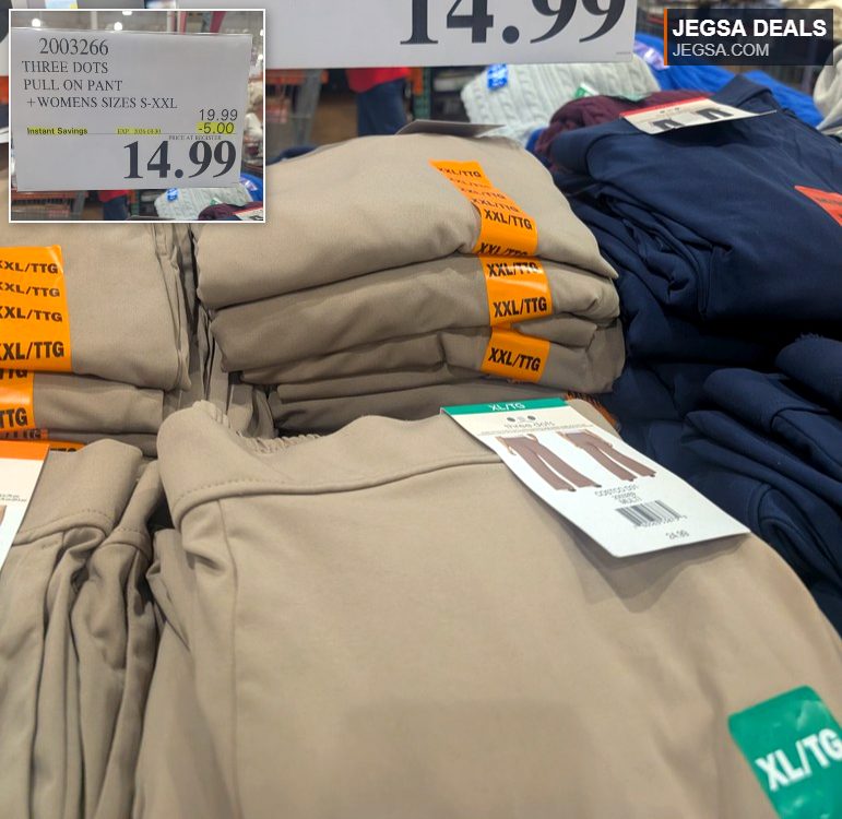 Three Dots women's beige pull-on pants, sizes S-XXL, on sale at Costco for $14.99, expiry 2026-08-30.