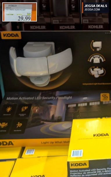 White KODA Motion Activated LED Security Floodlight for outdoor home security, available at Costco for $29.99.