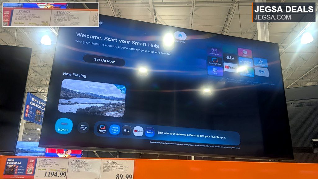 Large Samsung 75-inch Class 4K MiniLED TV on display at Costco for $1194.99, featuring smart hub capabilities.