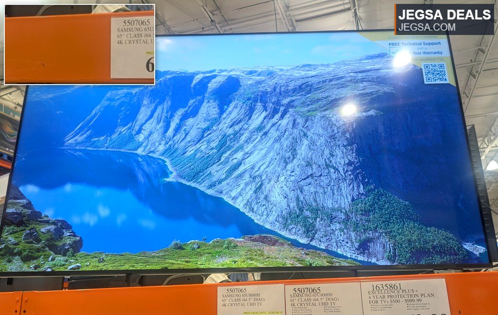 Samsung 65-inch Class 4K Crystal UHD TV on display at Costco, priced at $644.99.