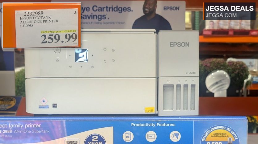 White Epson EcoTank ET-2988 All-in-One printer with supersized ink tanks for home or office, available at Costco for $259.99.