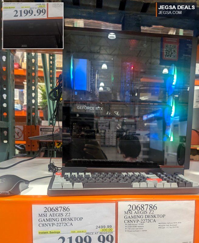 MSI Aegis Z2 Gaming Desktop with RTX 3070 GPU, AMD Ryzen 7, 16GB RAM, and 1TB SSD, including keyboard & mouse, on sale at Costco.