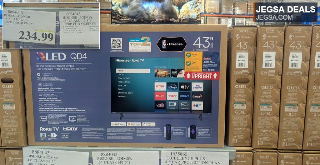 Hisense 43-inch QLED Roku TV, 1080p FHD, available at Costco for $234.99, offering vibrant colors and smooth gaming.