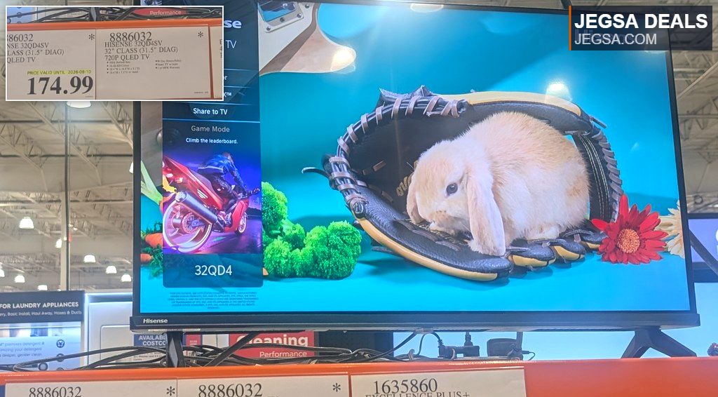 Hisense 32-inch 720p QLED Smart TV from Costco, featuring QLED Color and Game Mode for $174.99.
