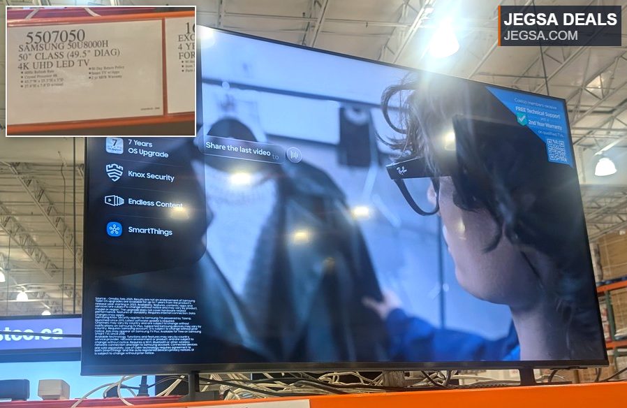 Samsung 50U8000H 50-inch Crystal UHD 4K LED TV from Costco for $444.99, featuring SmartThings and 7 years OS upgrade.