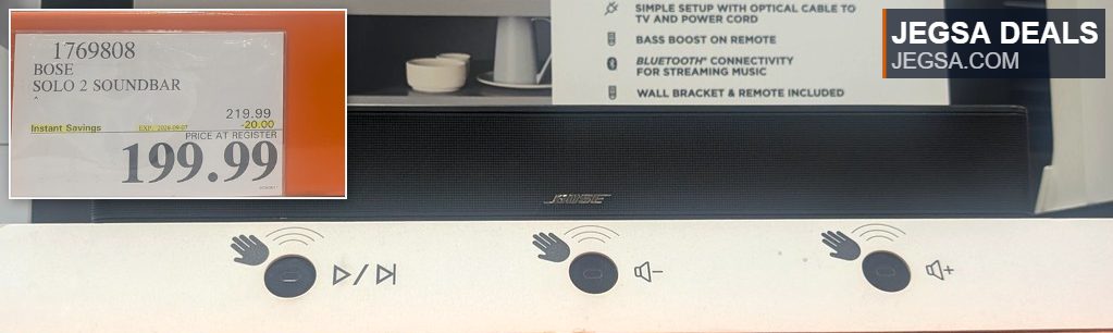 Black Bose Solo Soundbar 2 for improved TV audio with Bluetooth connectivity, available at Costco for $199.99.