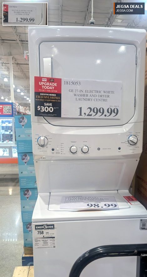 White GE 27-inch electric stacked washer and dryer laundry center from Costco, offering a $300 saving on the sell price of $1,299.99.