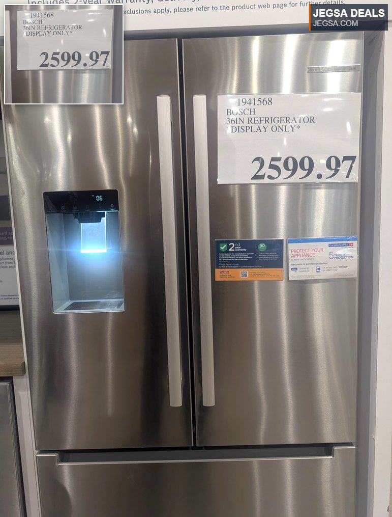 Bosch 36-inch stainless steel French door refrigerator with external ice/water dispenser from Costco.
