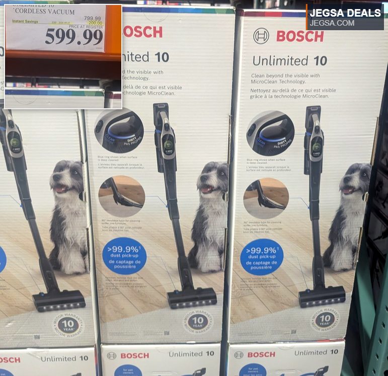 Bosch Unlimited 10 cordless vacuum cleaner from Costco, $599.99, featuring MicroClean Technology for powerful dust pick-up.