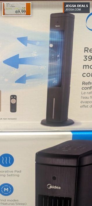 Midea 40-inch black DC motor air cooler with remote, offering 3 wind modes, on sale at Costco.