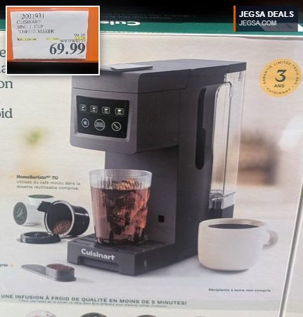 Black Cuisinart single-cup coffee maker for hot or cold brew from Costco, on sale for $69.99.