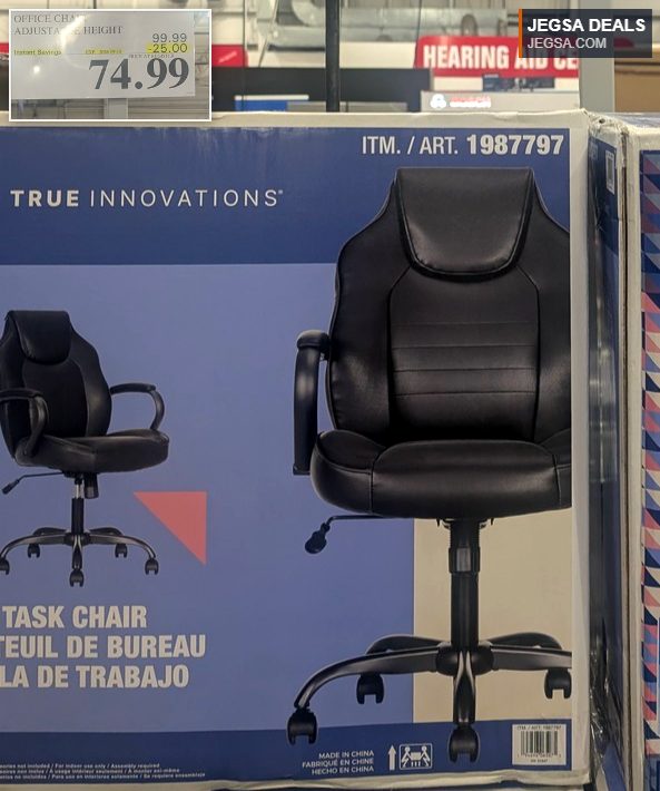 Black True Innovations adjustable height office chair from Costco, $74.99, suitable for home or office use.