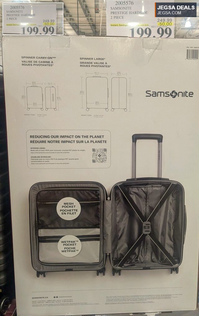 Samsonite Prestige Hardside 2-piece spinner luggage set with mesh and wetpak pockets from Costco.