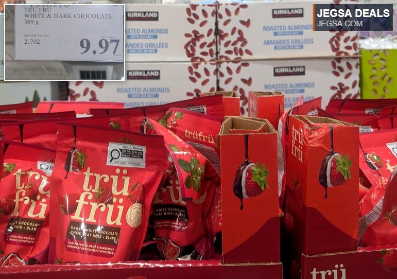 Tru Fru White & Dark Chocolate Coated Freeze-Dried Strawberries, 369g, from Costco for $9.97.