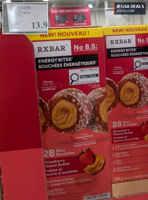 RXBAR Strawberry Peanut Butter Energy Bites 28-count pack from Costco, priced at $13.97, offering a healthy snack option.