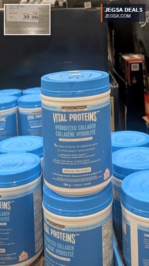 Vital Proteins Hydrolyzed Collagen powder in a blue and white 700g container from Costco, priced at $39.99, supporting skin and immunity.