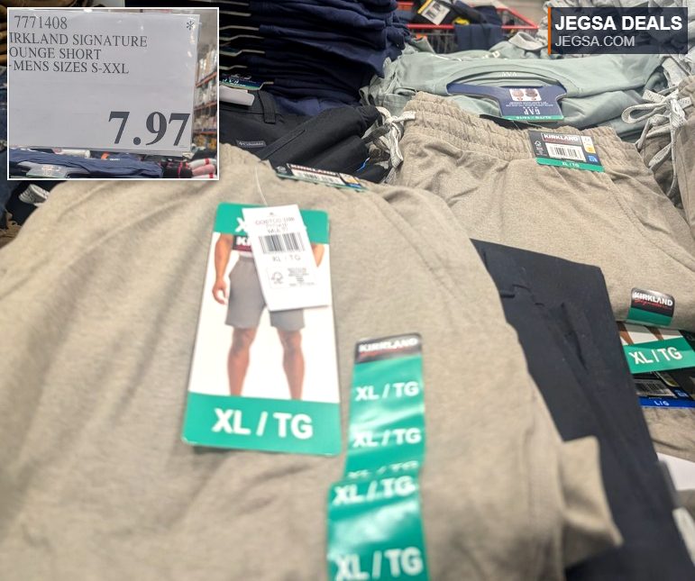 Kirkland Signature men's lounge shorts in various colors from Costco, priced at $7.97, ideal for casual wear.