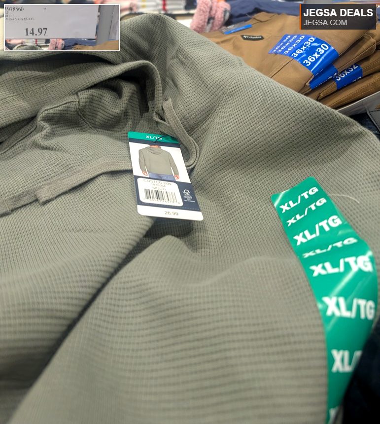 Grey waffle knit GAP hoodie for men in various sizes from XS to XXL, available at Costco for $14.97.