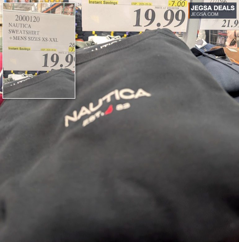Dark blue Nautica men's sweatshirt, available in sizes XS-XXL, on sale at Costco for $19.99.