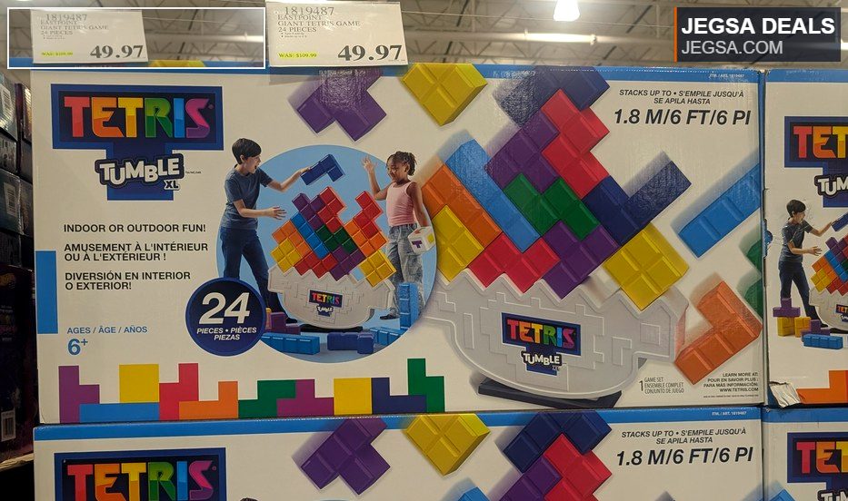 Large Tetris Tumble XL stacking game box with colorful blocks for indoor and outdoor play, priced at $49.97 at Costco.