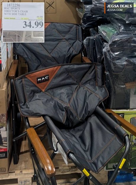MAC Sports black and brown director's chair with a built-in side table from Costco, priced at $34.99.