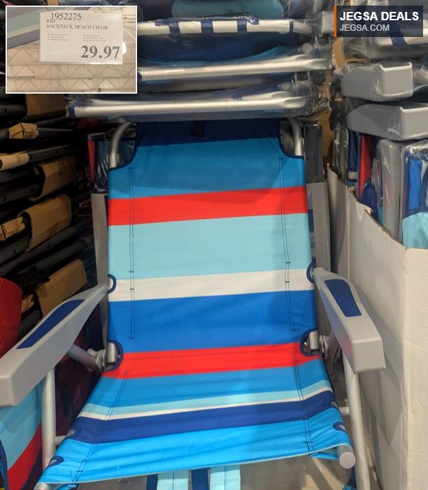 Rio multi-color striped backpack beach chair from Costco, $29.97, perfect for relaxing outdoors.