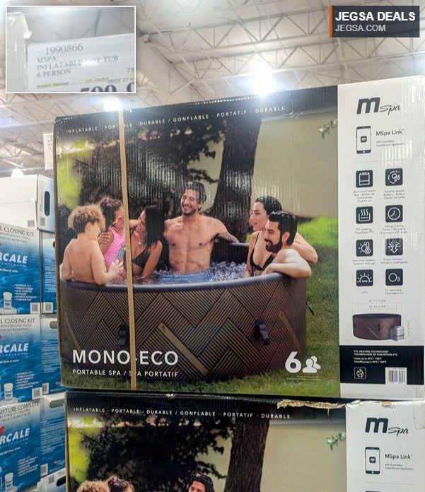 MSpa Mono Eco portable inflatable hot tub for 6 people from Costco, priced at $599.99.