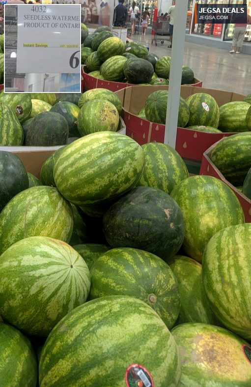 Green striped seedless watermelons from Costco, priced at $6.99 with instant savings.