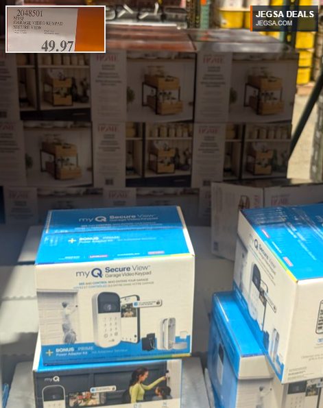White and blue myQ Secure View Garage Video Keypad with 1080p camera and rechargeable battery for secure home access at Costco.