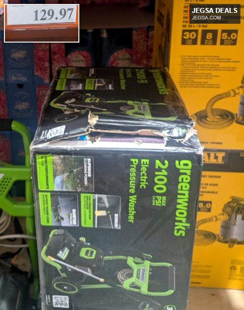 Greenworks 2100 PSI electric pressure washer from Costco, priced at $129.97, perfect for home and garden cleaning.