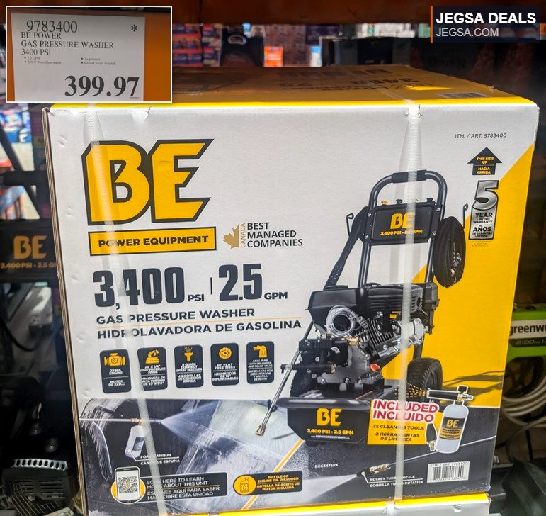 BE Power 3400 PSI gas pressure washer, black and yellow, for heavy-duty outdoor cleaning, from Costco for $399.97.