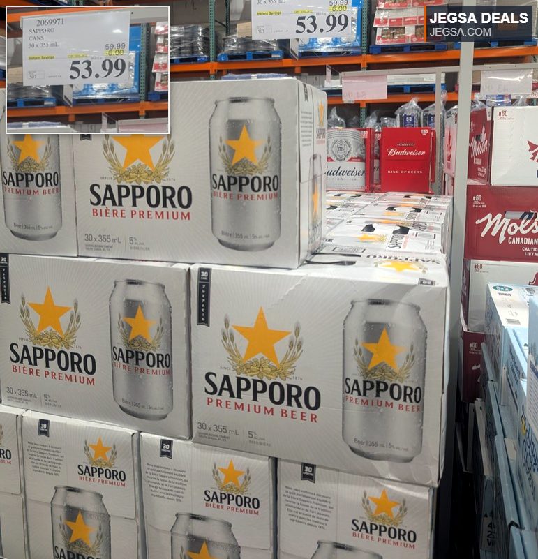 Sapporo Premium Beer 30-pack of 355ml cans from Costco, priced at $53.99, a popular Japanese lager.