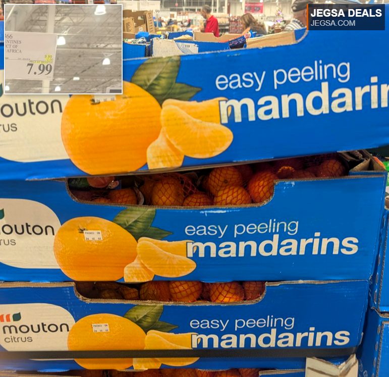 A large box of easy peeling Clementines from South Africa at Costco, priced at $7.99, perfect for a healthy snack.