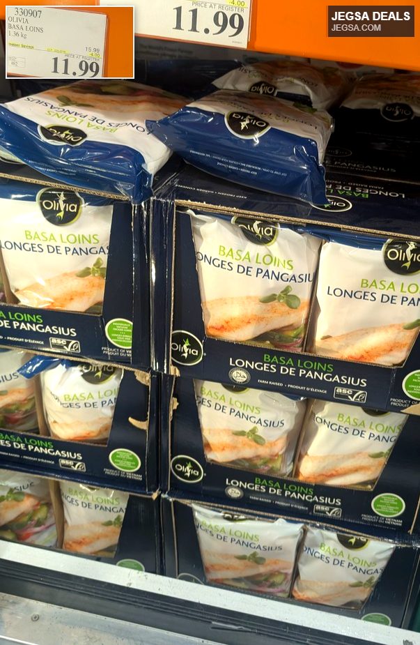 Olivia Basa Loins (Pangasius) frozen fish fillets 1.36 kg from Costco, on sale for $11.99.