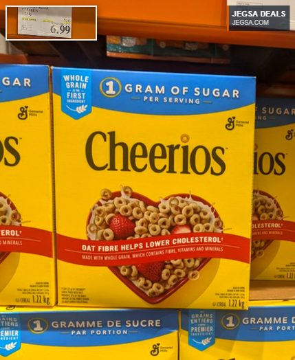 Large box of General Mills Cheerios whole grain cereal, 1.22 kg, with 1 gram of sugar, priced at $6.99 at Costco.